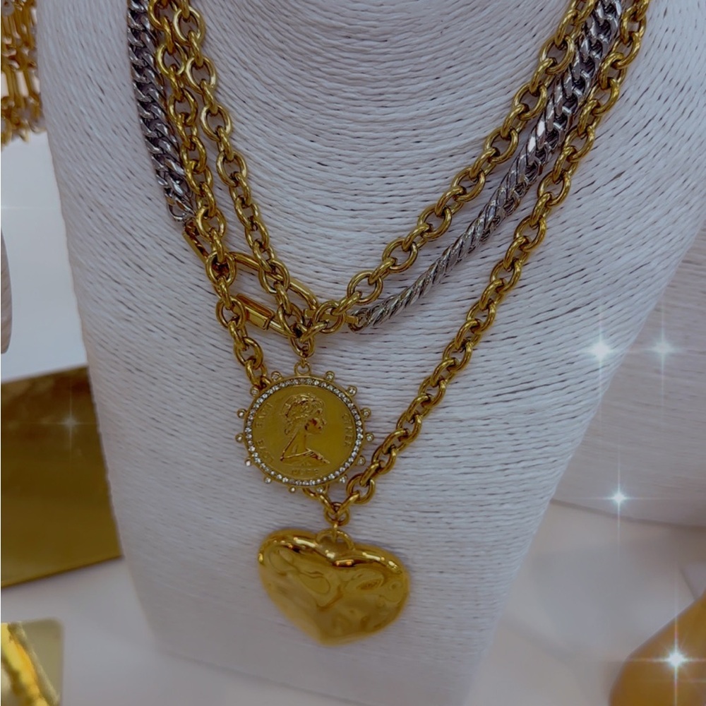 Gold and Silver Layered Coin & Heart Pendant Necklace - Women 2 necklace’s